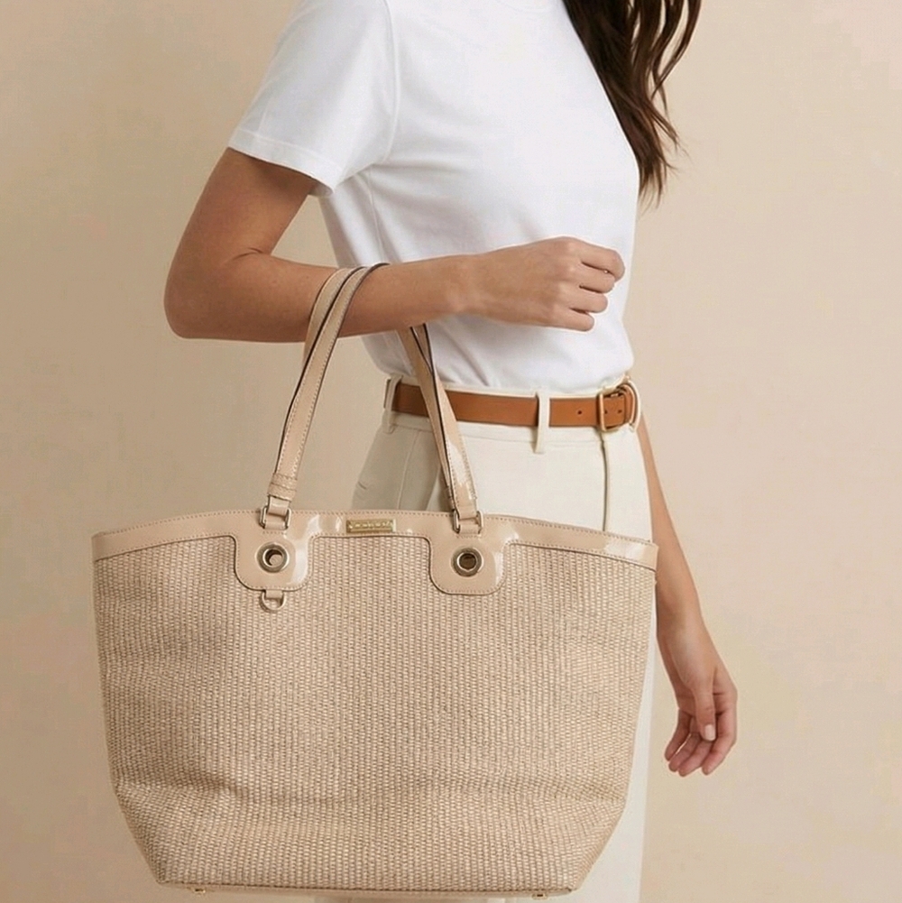 Versace NWOT, Neutral Beige Woven Tote with Patent Trim